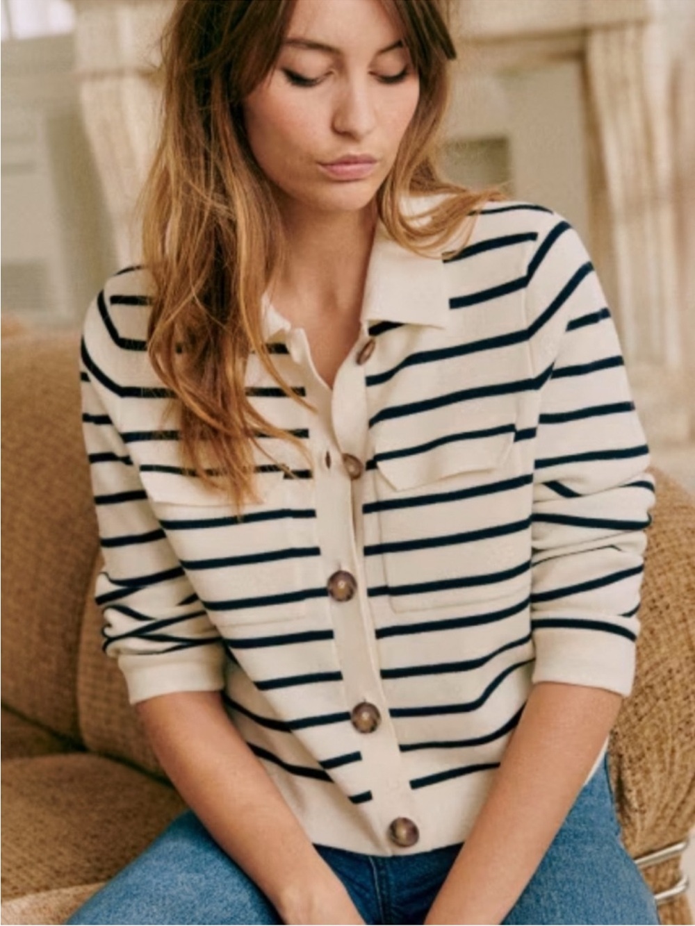 Sezane Betty Cardigan Navy Ecru Striped French Wool Causal Classic